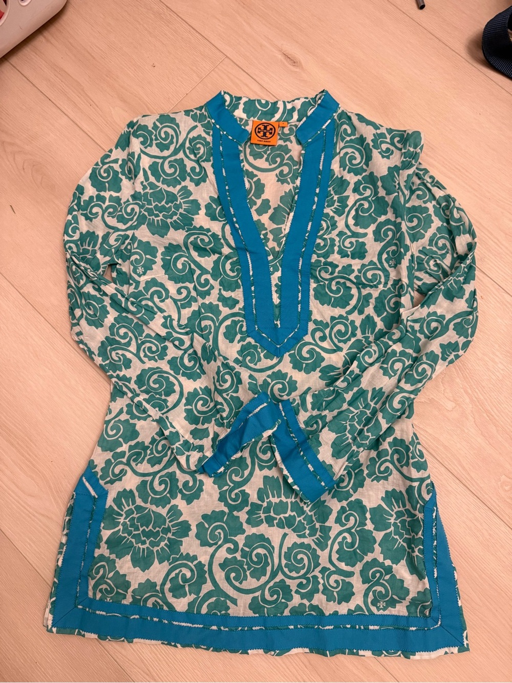 Tory Burch Teal Floral Long Sleeve Tunic